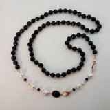 Cumpara ieftin Colier lung Charleston agat negru &amp; perle cultura, argint 925 placat aur roz, 105cm, bijuterie handmade Made in Italy