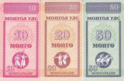 Bancnota Mongolia 10, 20 si 50 Mongo (1993) - P49-51 UNC ( set x3 ) foto