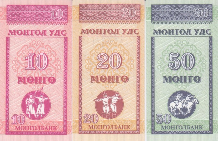 Bancnota Mongolia 10, 20 si 50 Mongo (1993) - P49-51 UNC ( set x3 )