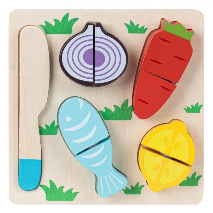 Set Jucării Lemn, Model Legume și Pește, Multicolor, 5 Piese, 18x18 cm