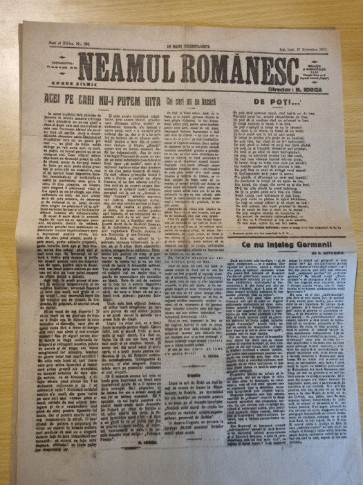 neamul romanesc 27 noiembrie 1917-art. nicolae iorga,stiri primul razboi mondial