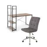 Set birou cu rafturi HM Narvik B1, cadru metalic, PAL melaminat, 120x64x120 cm, stejar sonoma/negru si scaun stofa tip catifea SL Q020, inaltime regla