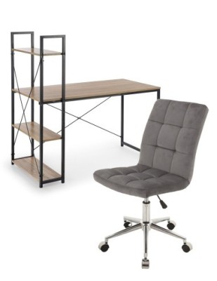 Set birou cu rafturi HM Narvik B1, cadru metalic, PAL melaminat, 120x64x120 cm, stejar sonoma/negru si scaun stofa tip catifea SL Q020, inaltime regla foto