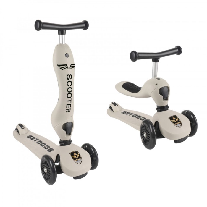 Trotineta 2 in 1 transformabila in tricicleta, pentru copii, inaltime ajustabila pe trei dimensiuni, frana progresiva, roti iluminate in miscare, gri