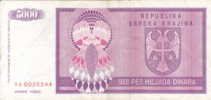 CROATIA 5.000 dinara 1992 KNIN VF+!!! foto