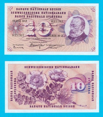 Elvetia (p#45) 10 Franken 1963 UNC &amp;#039;Emisia a 5-a&amp;#039; serie: 30Z 035767 foto