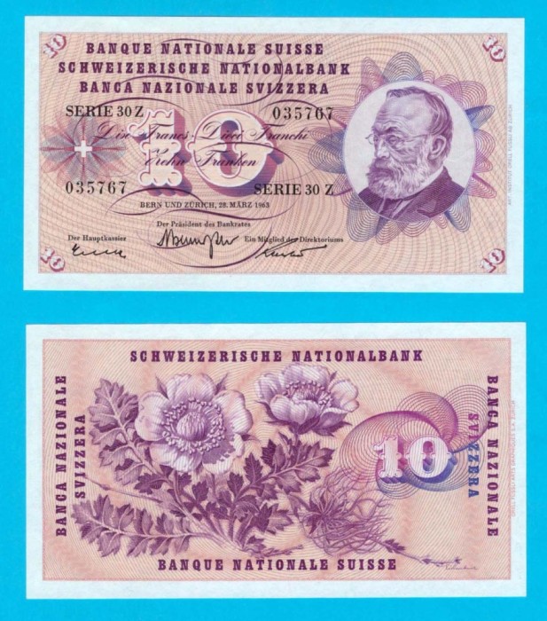 Elvetia (p#45) 10 Franken 1963 UNC &#039;Emisia a 5-a&#039; serie: 30Z 035767