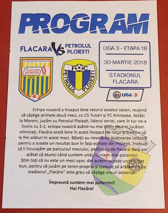 Program meci fotbal FLACARA MORENI - PETROLUL PLOIESTI (30.03.2018)