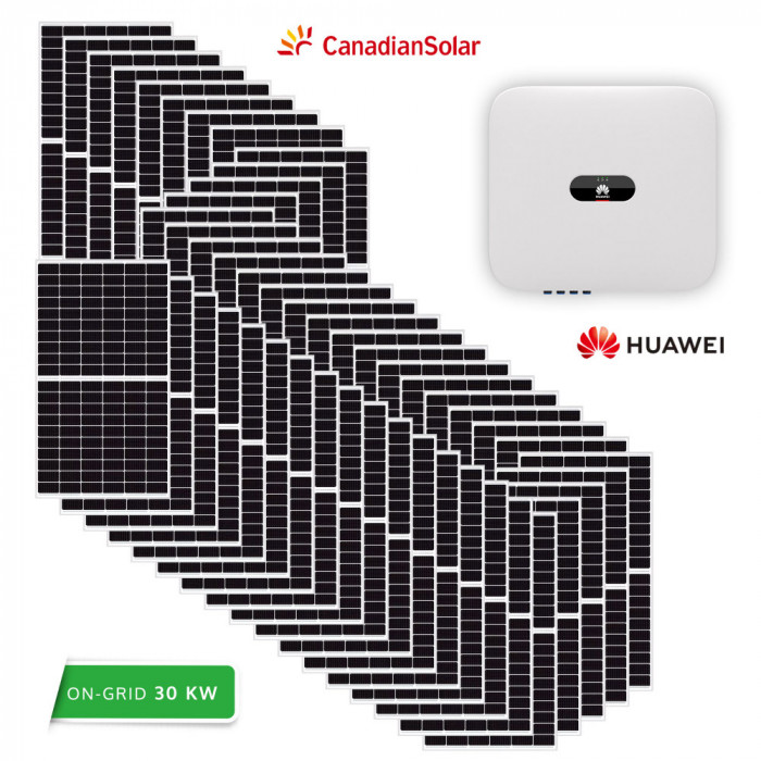 Kit sistem fotovoltaic 30 kW, invertor trifazat Huawei si 50 panouri fotovoltaice Canadian Solar 600W