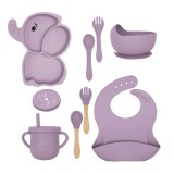 Set 10 Piese Servire Masa, pentru Bebelusi, din Silicon/Lemn, cu Ventuze Anti-alunecare, fara Alergeni. +6 Luni, Model Elefant, Mov