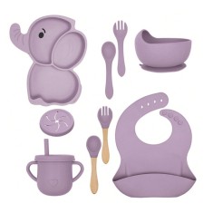 Set 10 Piese Servire Masa, pentru Bebelusi, din Silicon/Lemn, cu Ventuze Anti-alunecare, fara Alergeni. +6 Luni, Model Elefant, Mov