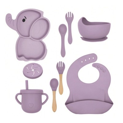 Set 10 Piese Servire Masa. Cyrax, pentru Bebelusi si Copii, din Silicon/Lemn, cu Ventuze Anti-alunecare, fara Alergeni. +6 Luni, Model Elefant, Mov foto