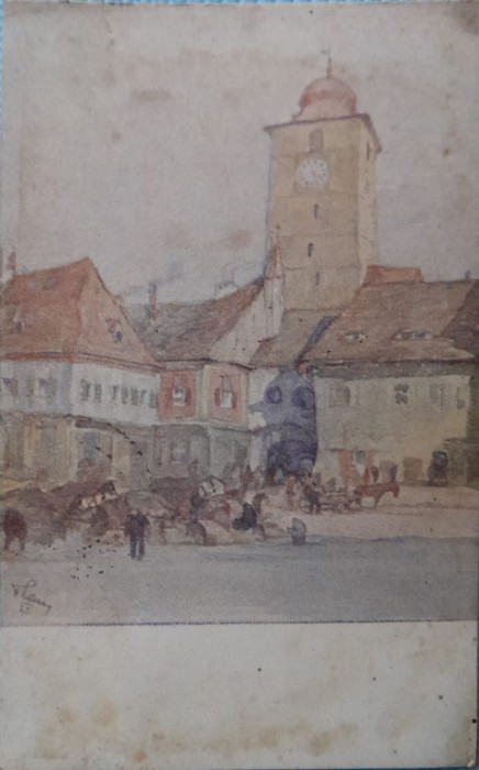 1930 CP Sibiu, Ratturm, Turnul orasului, dupa acuarela lui Theodor Lassy