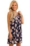 D586-44 Rochie bleumarin de vara, cu imprimeu floral si bretele subtiri, M