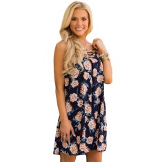 D586-44 Rochie bleumarin de vara, cu imprimeu floral si bretele subtiri