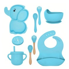 Set 10 Piese Servire Masa, pentru Bebelusi, din Silicon/Lemn, cu Ventuze Anti-alunecare, fara Alergeni. +6 Luni, Model Elefant, Albastru