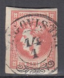 ROMANIA 1868 LP 24 CAROL I CU FAVORITI 18 BANI ROSU STAMPILA AGRAFA TARGOVISTEA