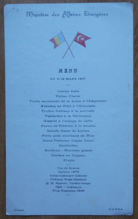 Meniu Capsa, Dineu al Ministerului Afacerilor Externe, 6 martie 1907