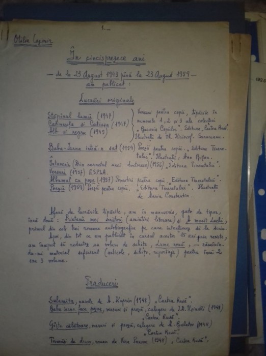 Manuscris Otilia Cazimir, 2 pag, Iasi, aug 1959