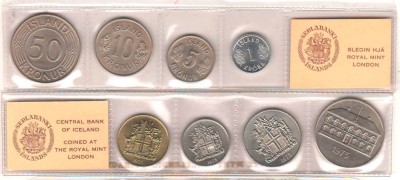 SV * ISLANDA * SET MONETARIE 1 KRONA si 5 - 10 - 50 KRONUR 1975 * UNC foto