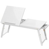 HOMCOM Masă de pat pliabilă și reglabilă, blat pentru laptop din bambus cu &icirc;nclinare 83,5x33x34cm alb | Aosom Romania