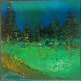 Pictură originală ulei pe p&acirc;nză &bdquo;Pădure verde-turcoaz la asfințit&rdquo; 20x20 cm, pe șasiu. Certificat cu semnătura și ștampila artistului