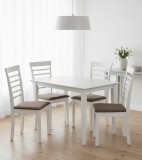 Set masa living si bucatarie Bali, MDF, 112x72x74 cm si 4 scaune Montreal, lemn masiv, tapiterie stofa, 100 kg, alb