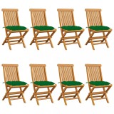 Set 8 Scaune Gradina Lemn Tec vidaXL, Pliabile, cu Perne Verzi, 47x60x89 cm