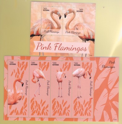 GUYANA-Flamingo roz-Bloc de 2 timbre si bloc de 4 timbre nestampilate foto