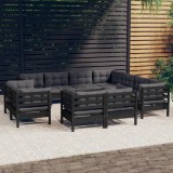 Cumpara ieftin Set mobilier grădină cu perne, 11 piese, negru, lemn masiv pin