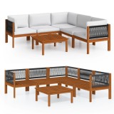 Set fotoliu de gradina cu 6 piese, perne, lemn crem, acacia si franghie