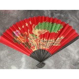 Evantai mare perete Feng Shui rosu cu pauni si flori rama neagra 90 cm x 160 cm