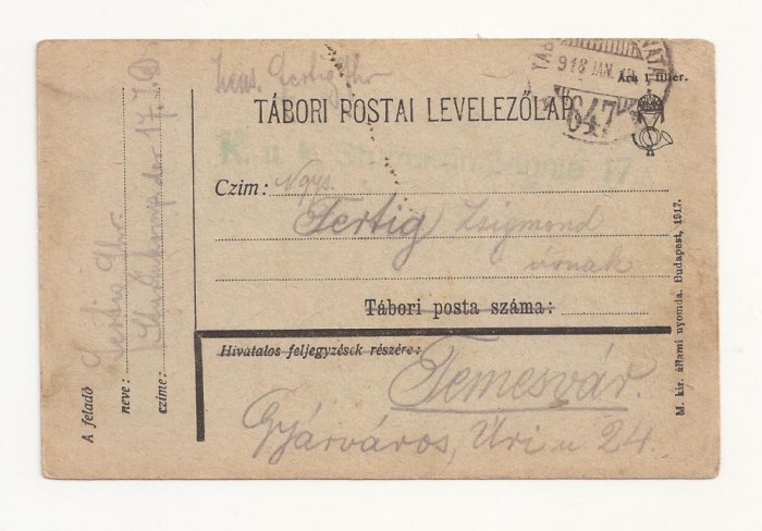 D4 Carte Postala Militara k.u.k. Imperiul Austro-Ungar ,1918 Temesvar, TImisoara