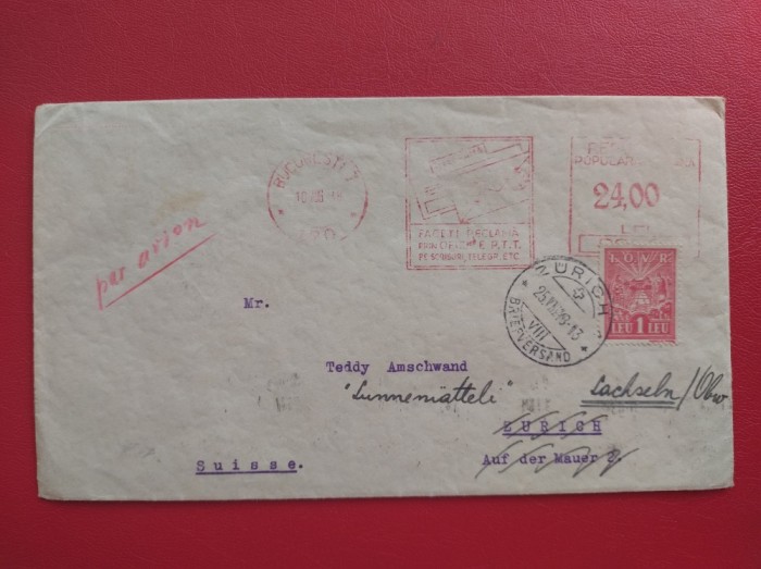 1948 - PLIC CIRCULAT IN ELVETIA - FRANCATURA MECANICA