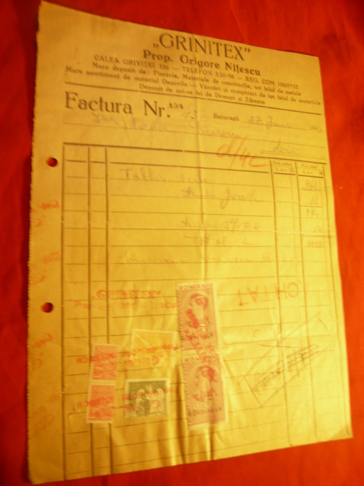 Factura cu Antet Grinitex - Depozit Fierarie 1943 Bucuresti cu 6 Timbre Fiscale