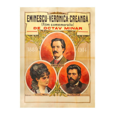 Afișul filmului documentar &amp;bdquo;Eminescu, Veronica, Creangă&amp;rdquo;, 1914, Piesă rară 160 x 120 cm foto