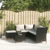 vidaXL Set Mobilier Gradina Relaxare 4 Piese Poliratan Negru cu Perne Alb Crem, Canapea Colt, Taburet, Masuta Cafea