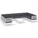 Set mobilier de gradina cu perne, 10 piese, alb, lemn masiv pin