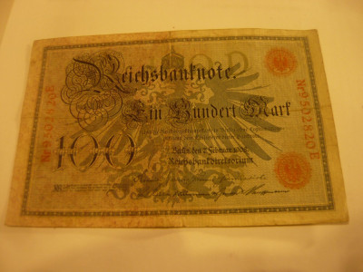 Bancnota 100 Marci 1908 Germania , serie 7cifre , cal. f.buna foto