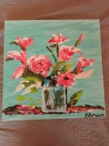 TABLOU PE PANZA CU SASIU NOU 50X50 CM VAS CU FLORI ACRILIC PRET 100 LEI