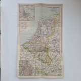 Harta Belgia, Tarile de Jos (Olanda) si Luxembourg cu planurile oraselor Amsterdam si Bruxelles, tiparita in anul 1895, 36 x 22,5 cm, Europa