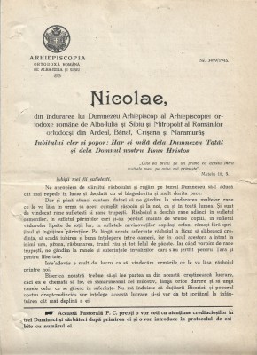 A3622N Pastorală a mitropolitului Nicolae Bălan, &amp;icirc;ndemn pentru &amp;icirc;ngrijirea orfanilor de război, 11 aprilie 1945 foto