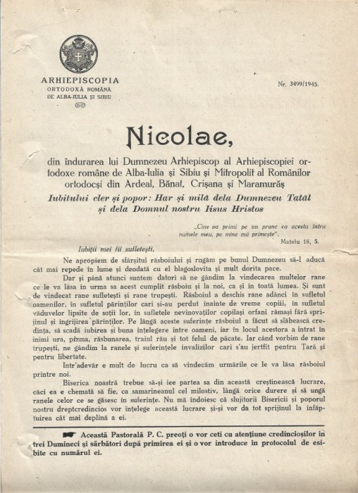 A3622N Pastorală a mitropolitului Nicolae Bălan, &icirc;ndemn pentru &icirc;ngrijirea orfanilor de război, 11 aprilie 1945