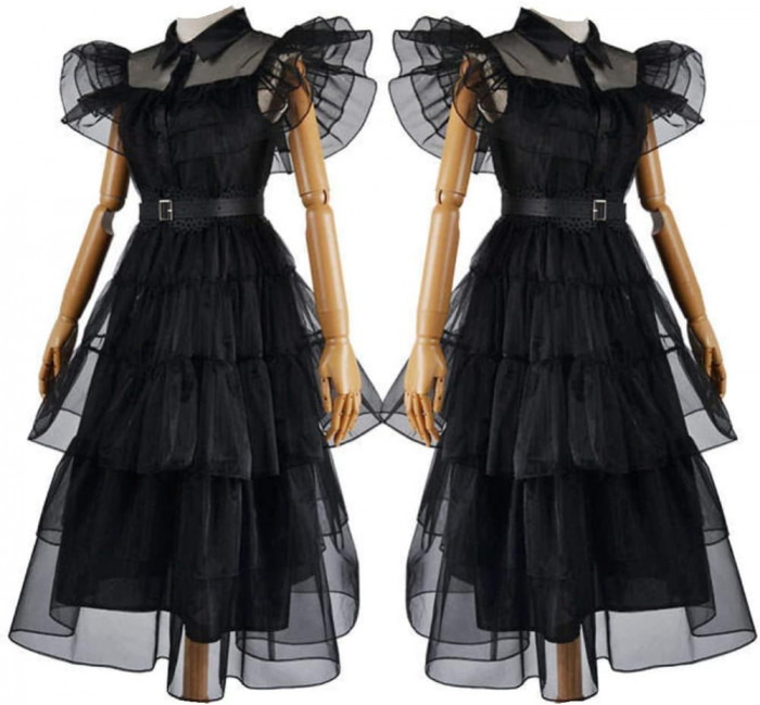 Pentru Cosplay Wednesday Adams, siluete elegantă, rochie gotică neagră - ținută