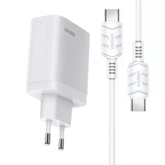 Incarcator de retea Kakusiga, 40W PD, Fast charge 3.0, 2 porturi USB-C + cablu Type C, Alb
