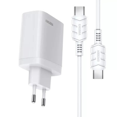 Incarcator de retea Kakusiga, 40W PD, Fast charge 3.0, 2 porturi USB-C + cablu Type C, Alb foto