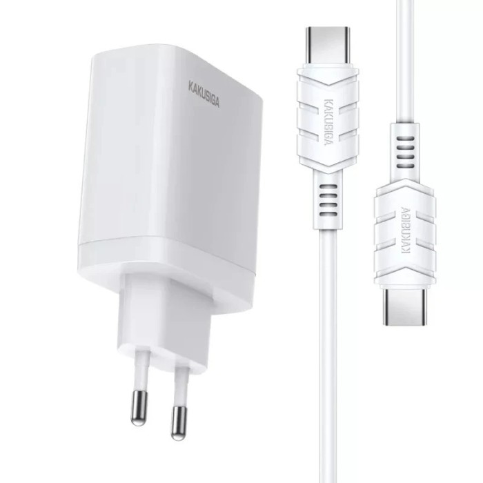 Incarcator de retea Kakusiga, 40W PD, Fast charge 3.0, 2 porturi USB-C + cablu Type C, Alb