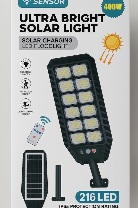 Lampă Solară Stradală IP67 &ndash; Senzor Mișcare, Telecomandă, Alb Rece 6500K
