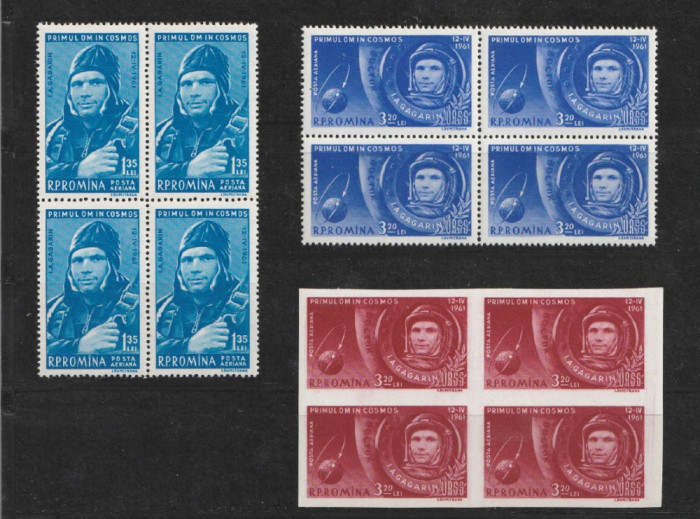 Primul om in cosmos, dnt.+ndt., 1961, bloc de 4, nr. lista 516 + 516a, MNH