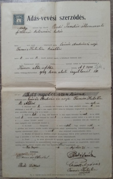 Contract vanzare-cumparare in maghiara, Imper, Harghita, 1912